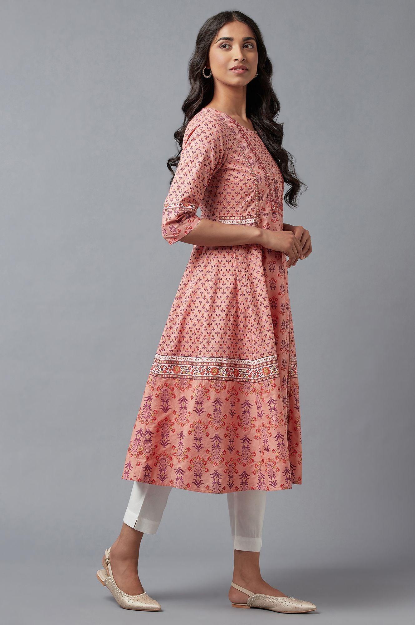 Pink Printed A-Line kurta With Thread Embroidery - wforwoman