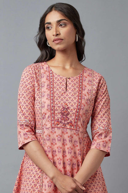 Pink Printed A-Line kurta With Thread Embroidery - wforwoman