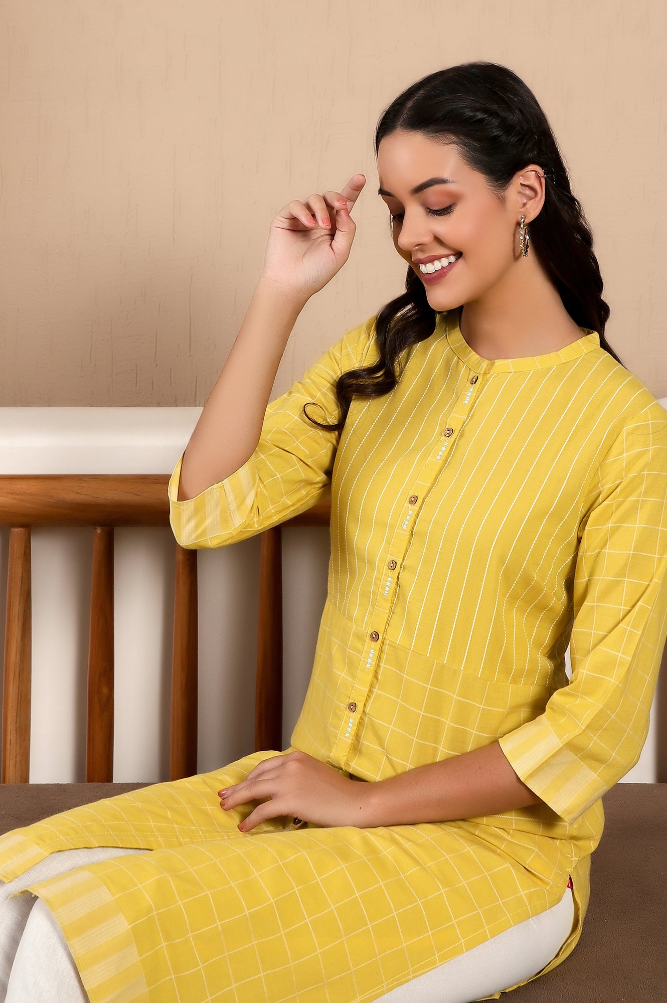 Buy Yellow Stripe Printed Pure Cotton Mandarin Collar Straight