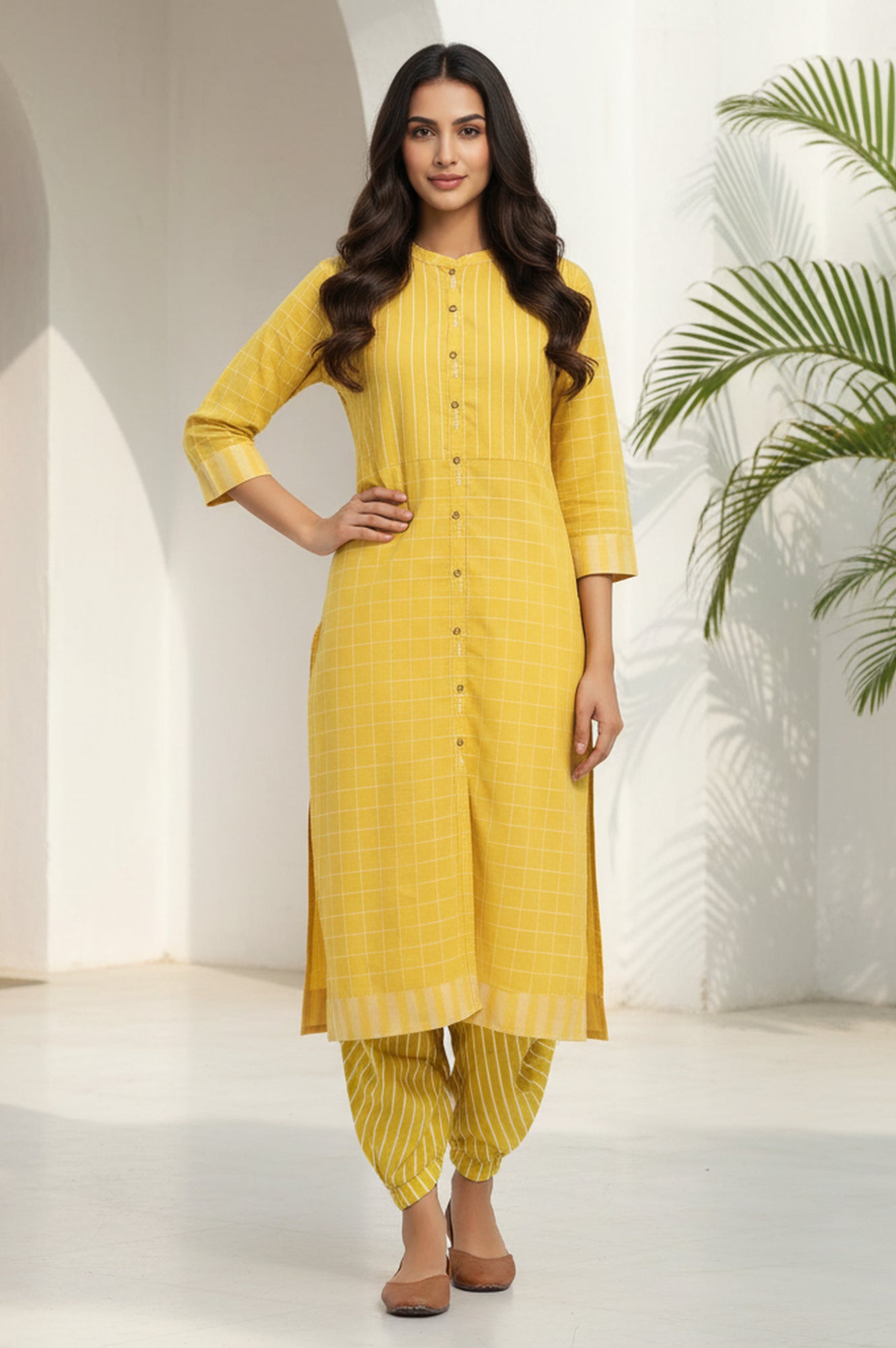Yellow Stripe Printed Pure Cotton Mandarin Collar Straight Kurta