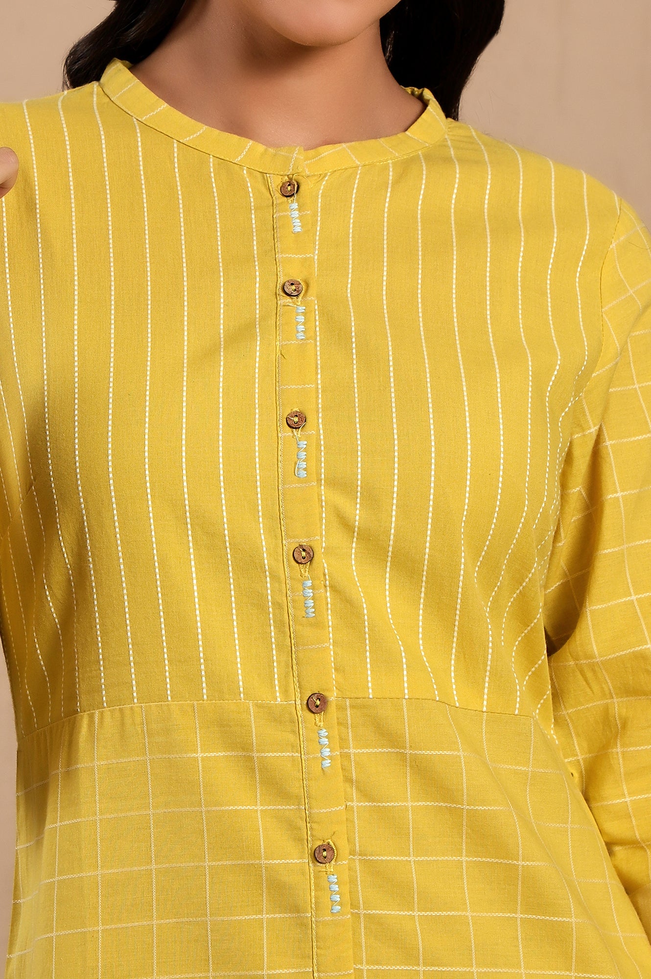 Yellow Stripe Printed Pure Cotton Mandarin Collar Straight Kurta