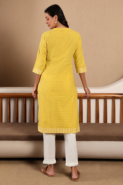 Yellow Stripe Printed Pure Cotton Mandarin Collar Straight Kurta