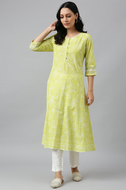 Yellow Floral Printed A-Line kurta