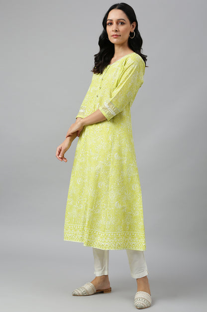 Yellow Floral Printed A-Line kurta