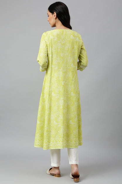 Yellow Floral Printed A-Line kurta