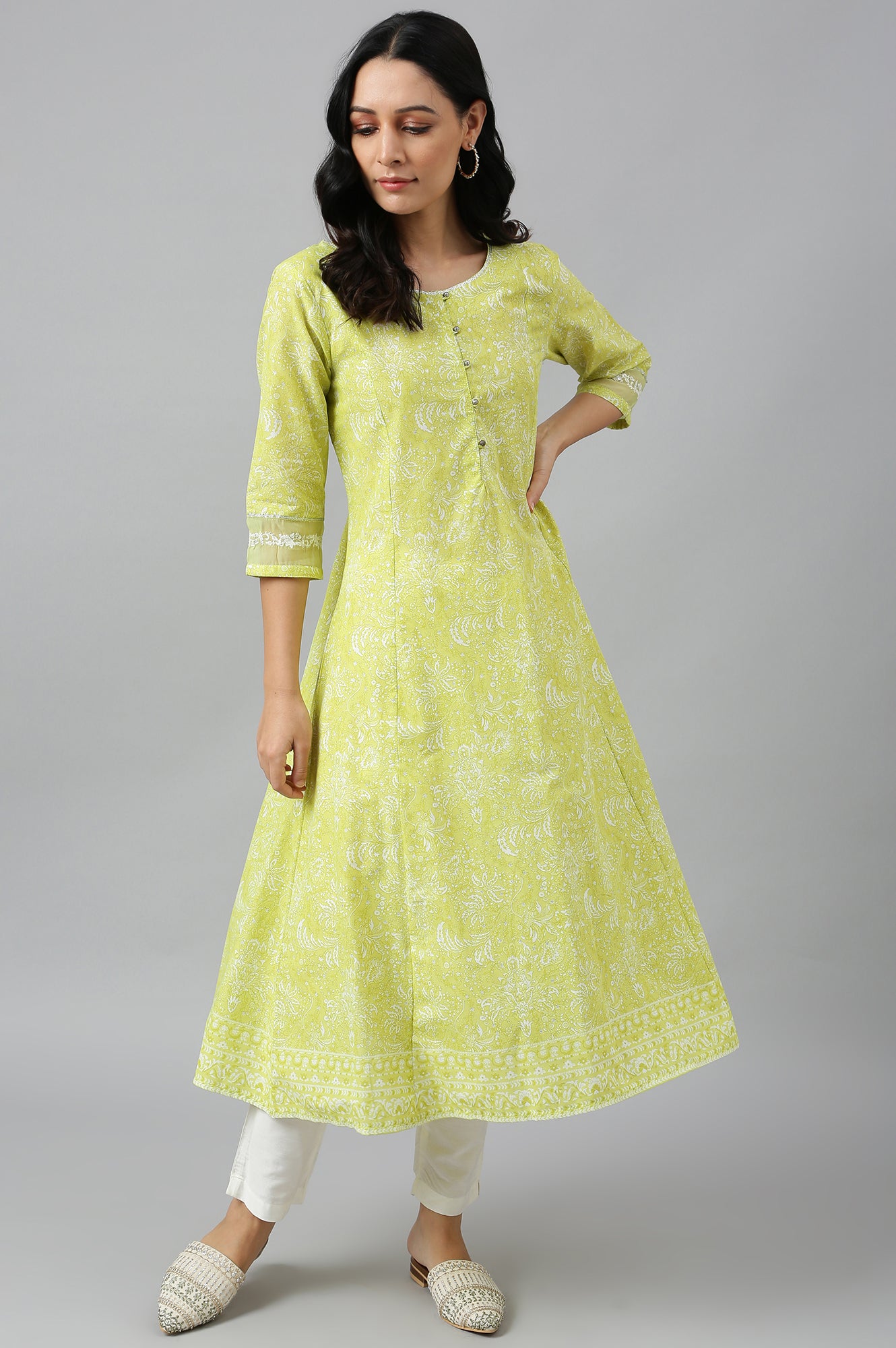 Yellow Floral Printed A-Line kurta