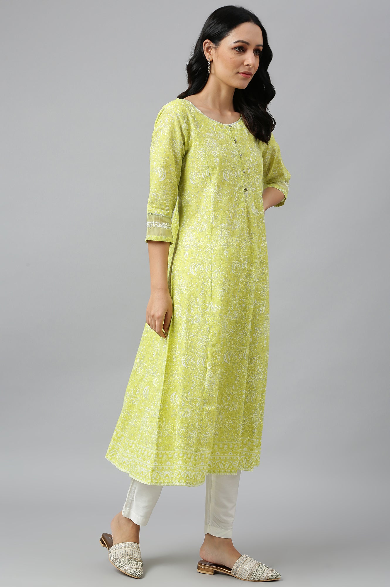 Yellow Floral Printed A-Line kurta