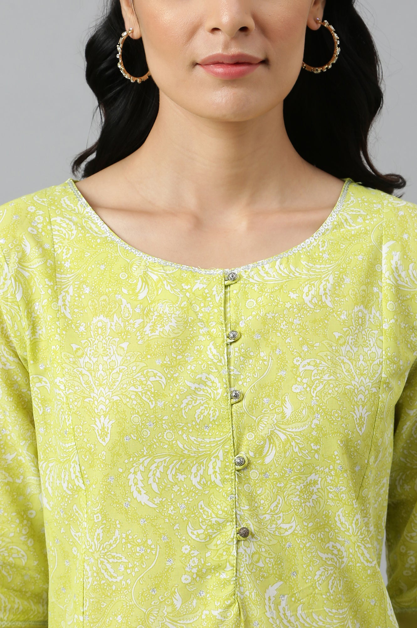 Yellow Floral Printed A-Line kurta