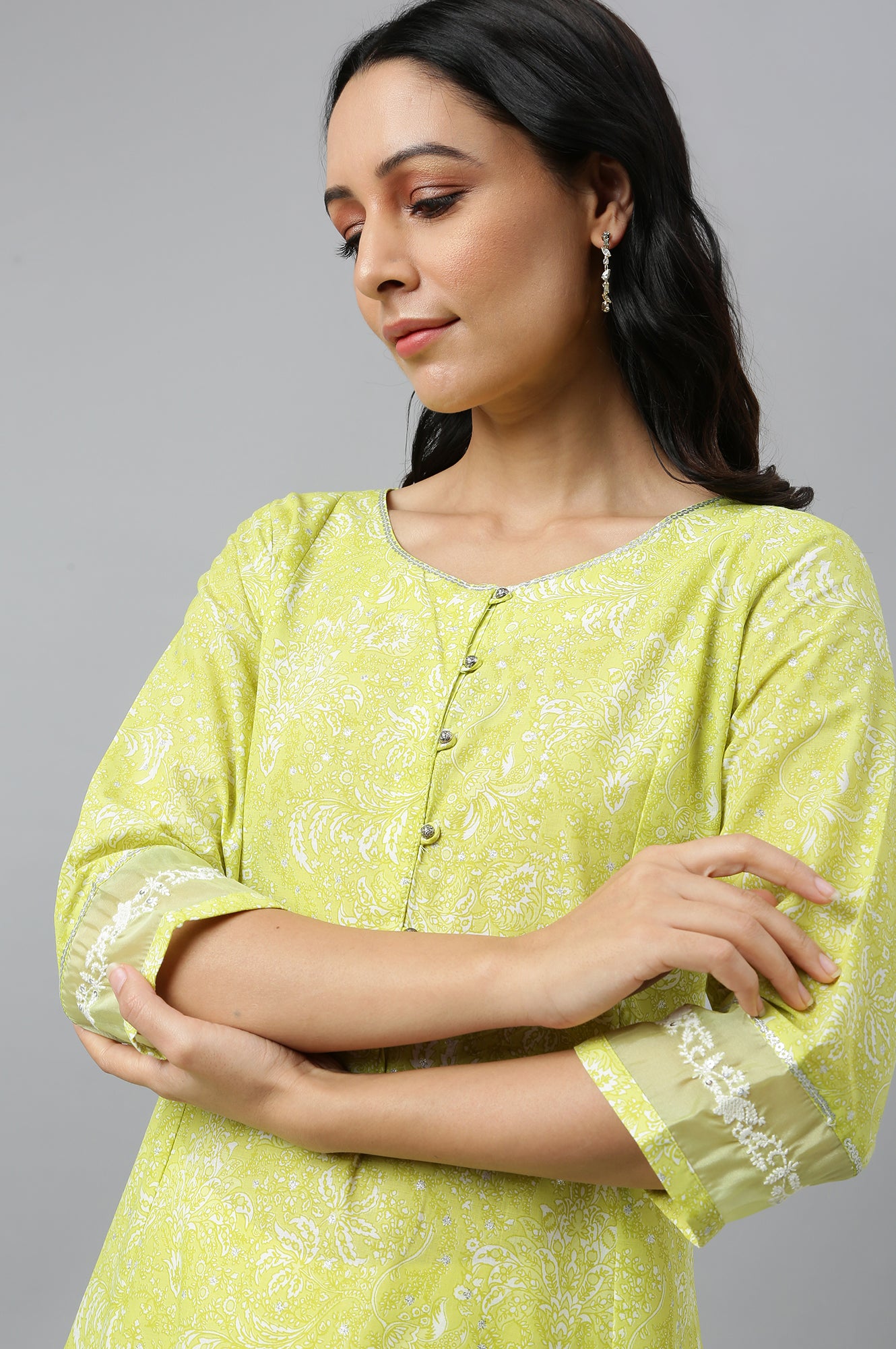 Yellow Floral Printed A-Line kurta