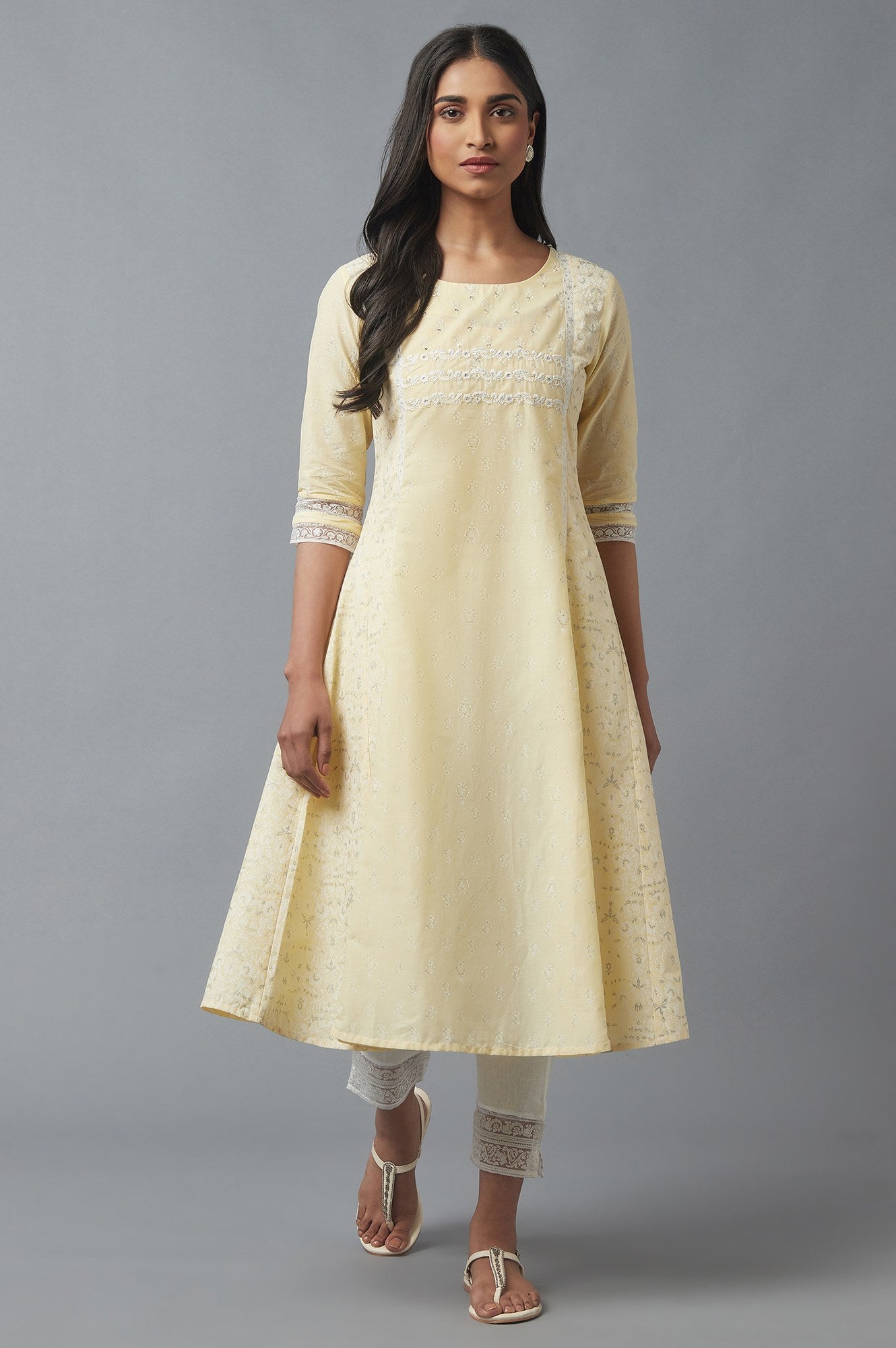 Yellow Printed kurta with Embroidery