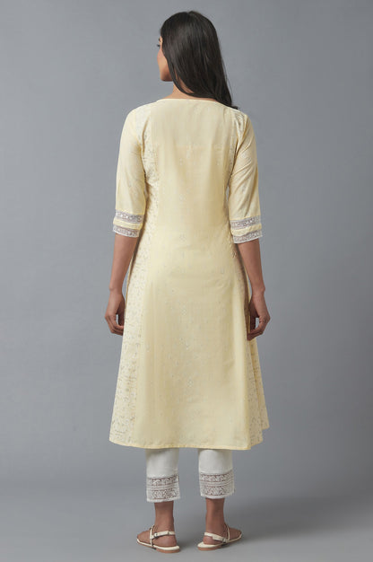 Yellow Printed kurta with Embroidery