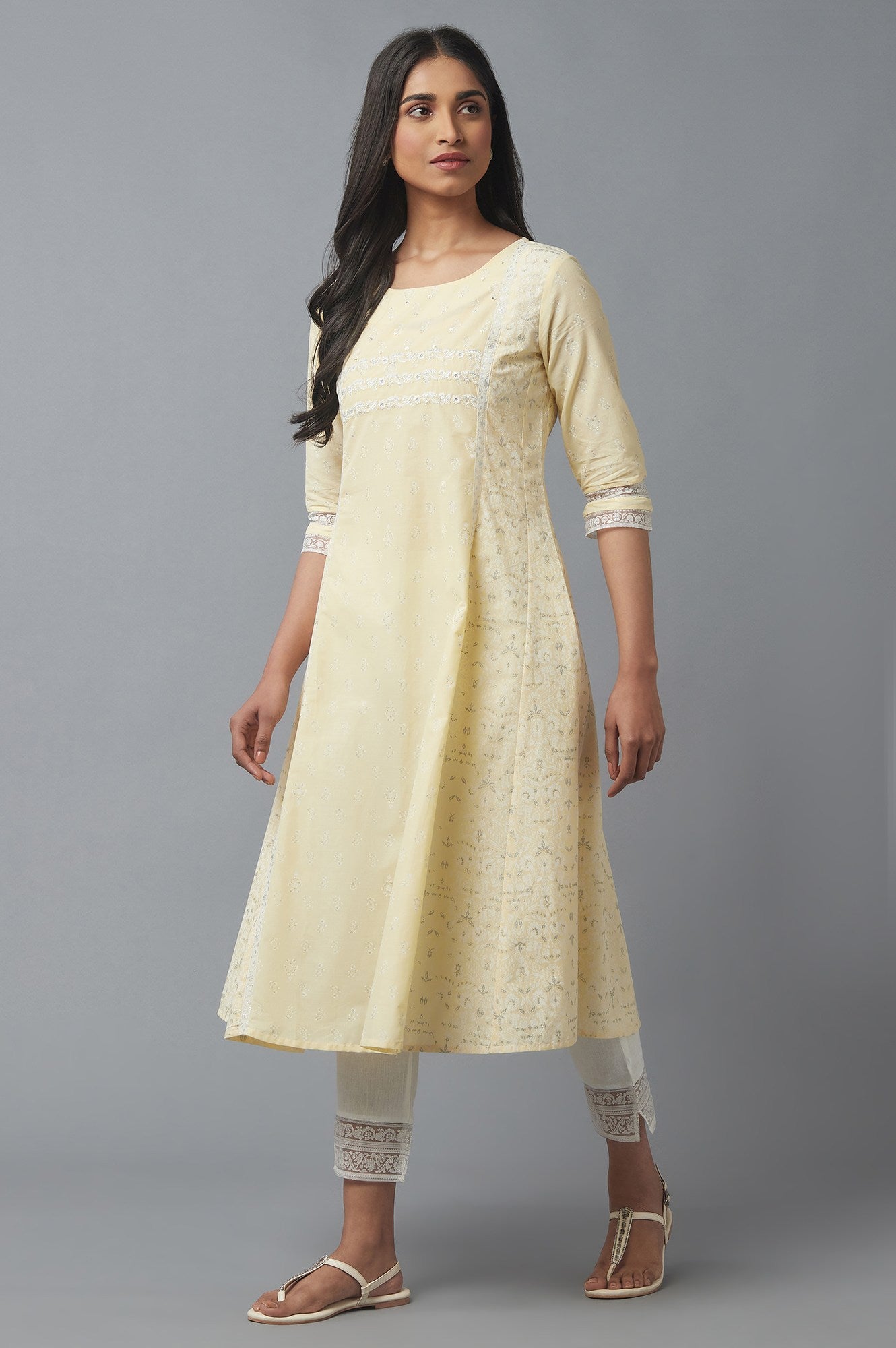 Yellow Printed kurta with Embroidery