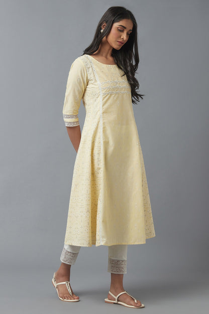 Yellow Printed kurta with Embroidery