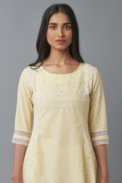 Yellow Printed kurta with Embroidery