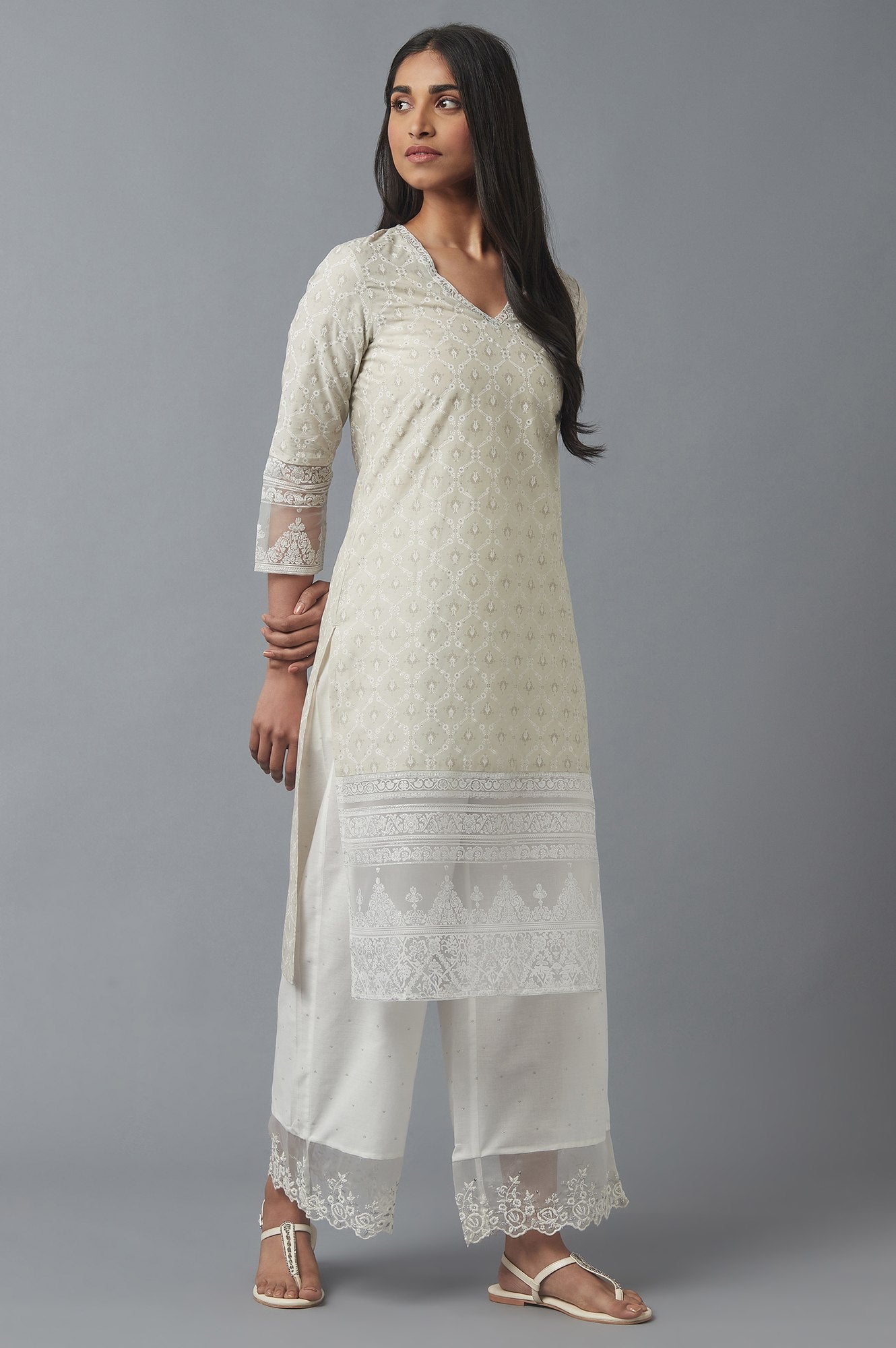 Grey Printed kurta with Broasso Border