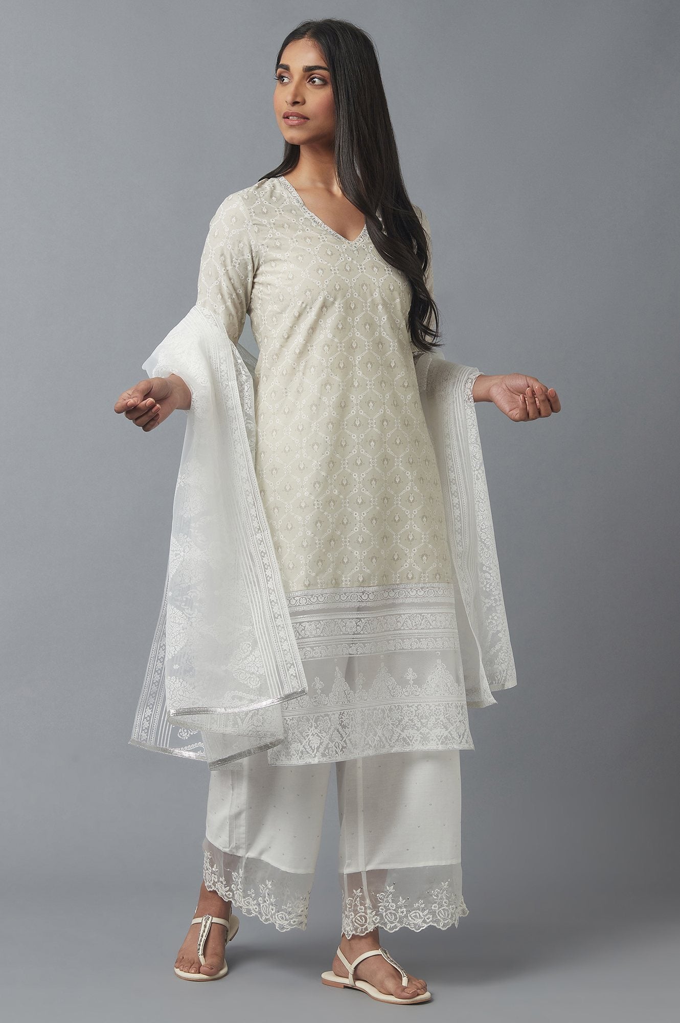 Grey Printed kurta with Broasso Border