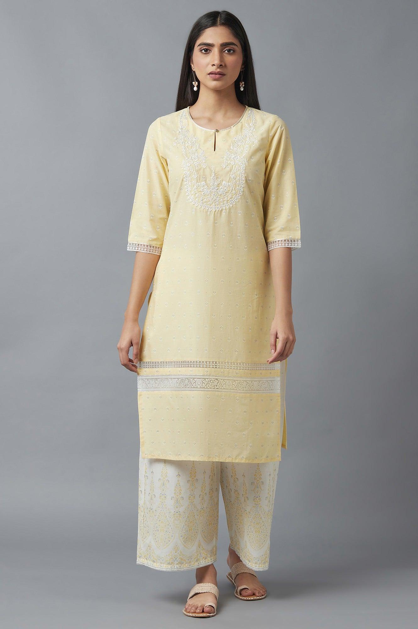 Yellow Embroidered kurta with Brasso Panels - wforwoman