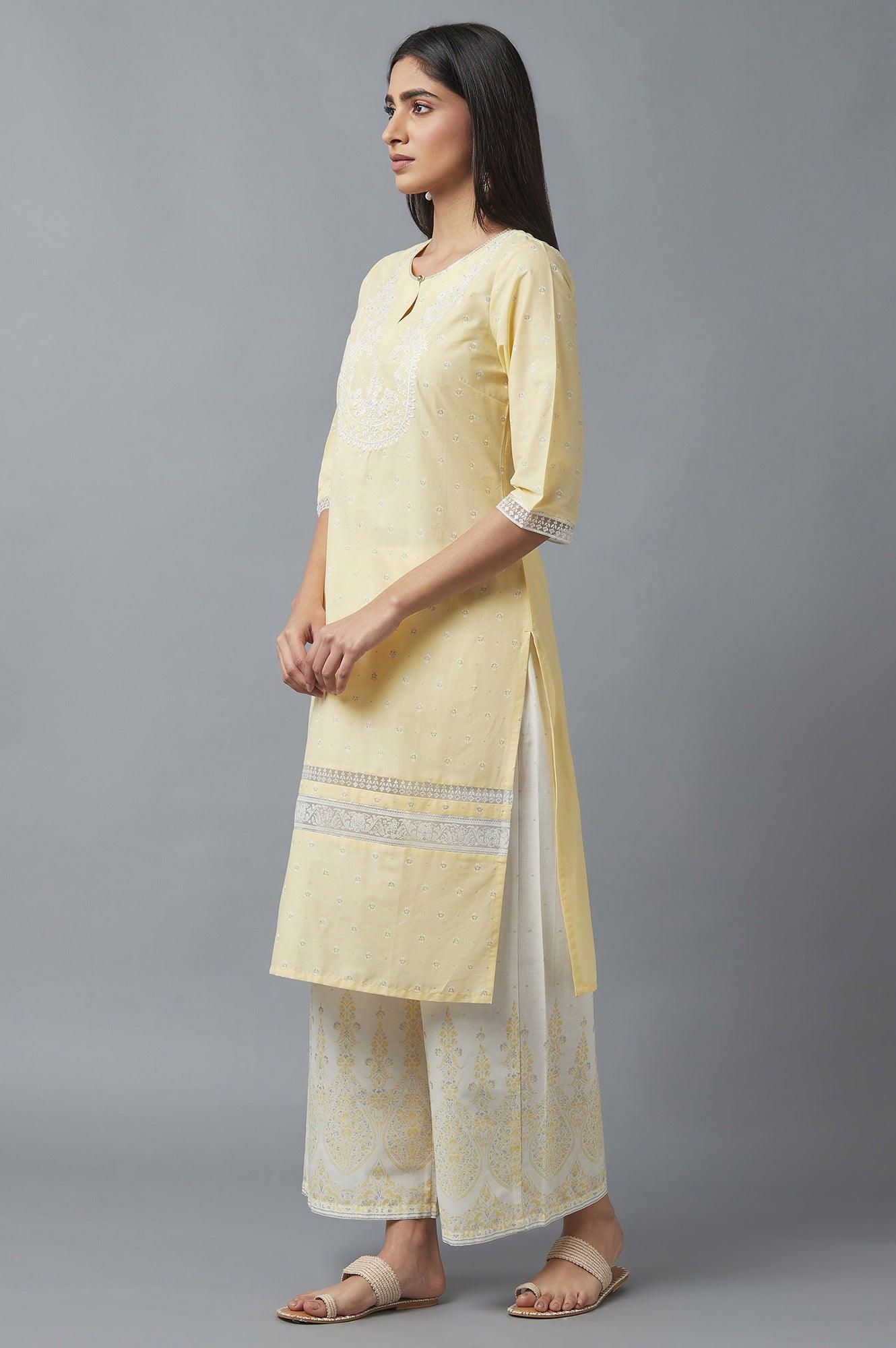 Yellow Embroidered kurta with Brasso Panels - wforwoman