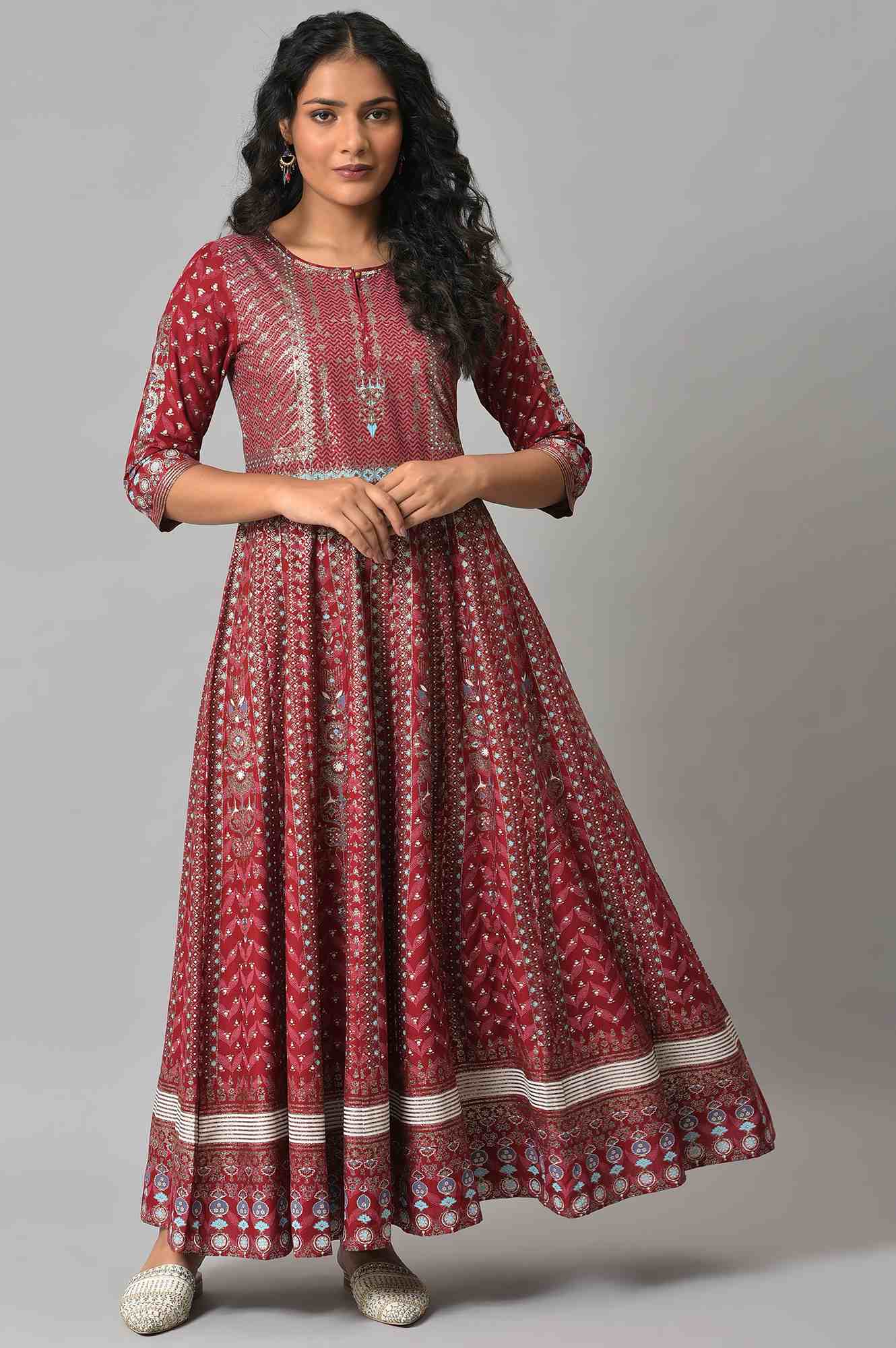 Red Floral Printed Kalidar Dress