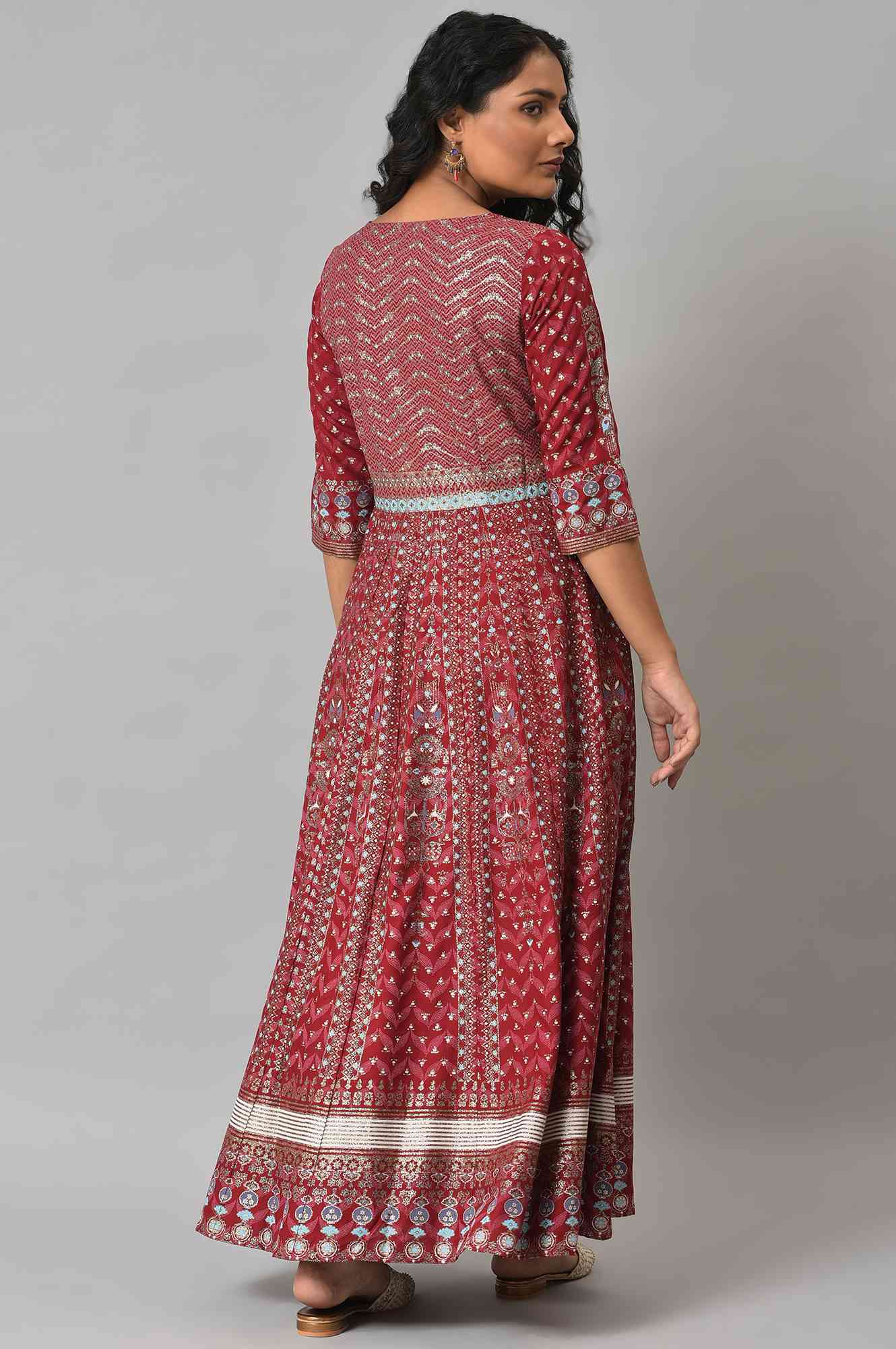 Red Floral Printed Kalidar Dress