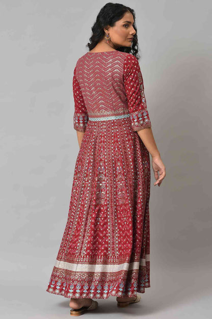 Red Floral Printed Kalidar Dress