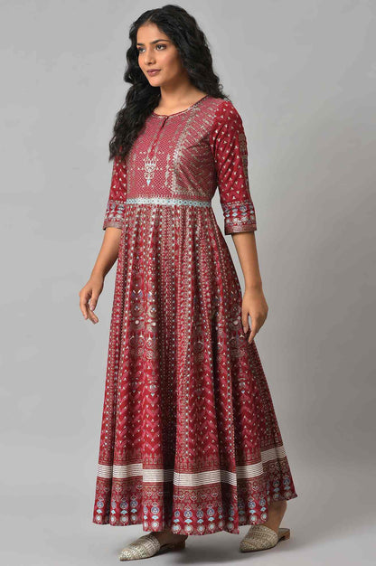 Red Floral Printed Kalidar Dress