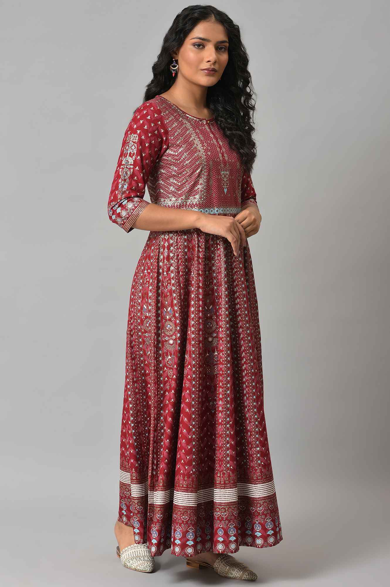 Red Floral Printed Kalidar Dress