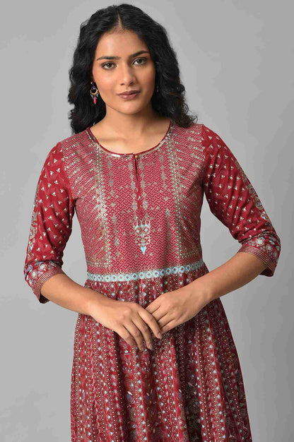 Red Floral Printed Kalidar Dress