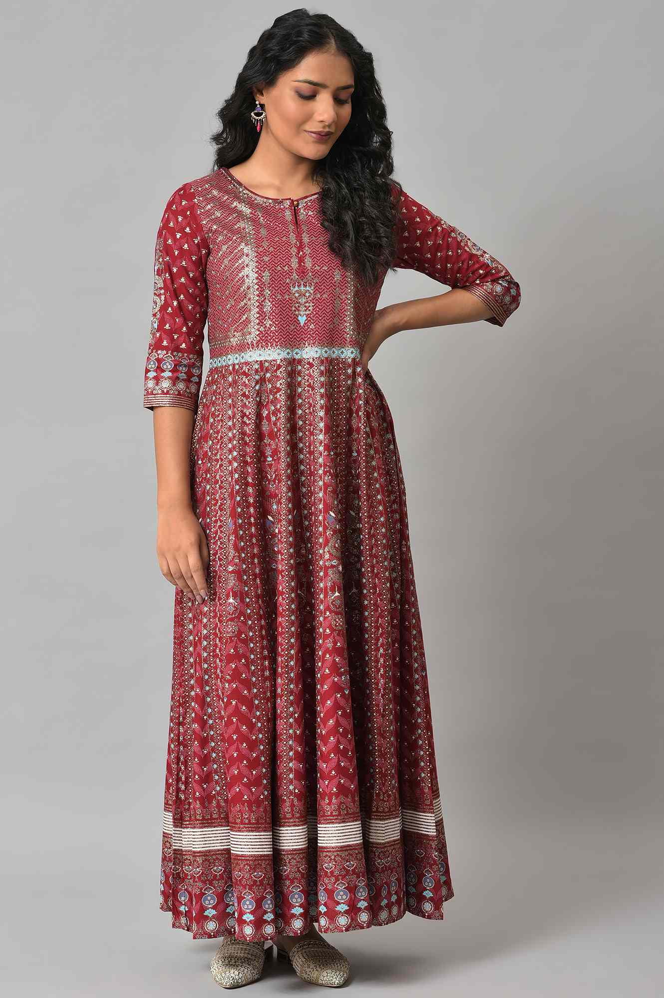 Red Floral Printed Kalidar Dress