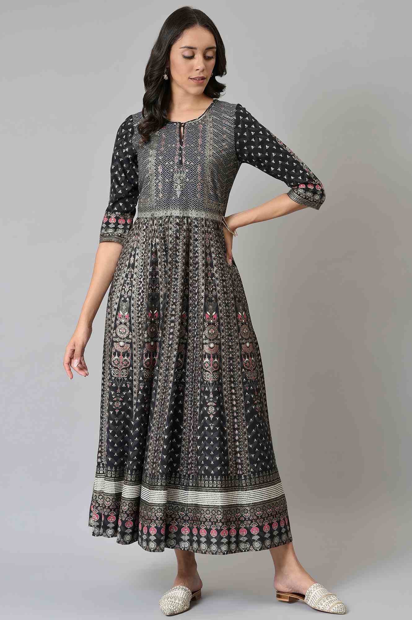 Black Floral Printed Kalidar Dress