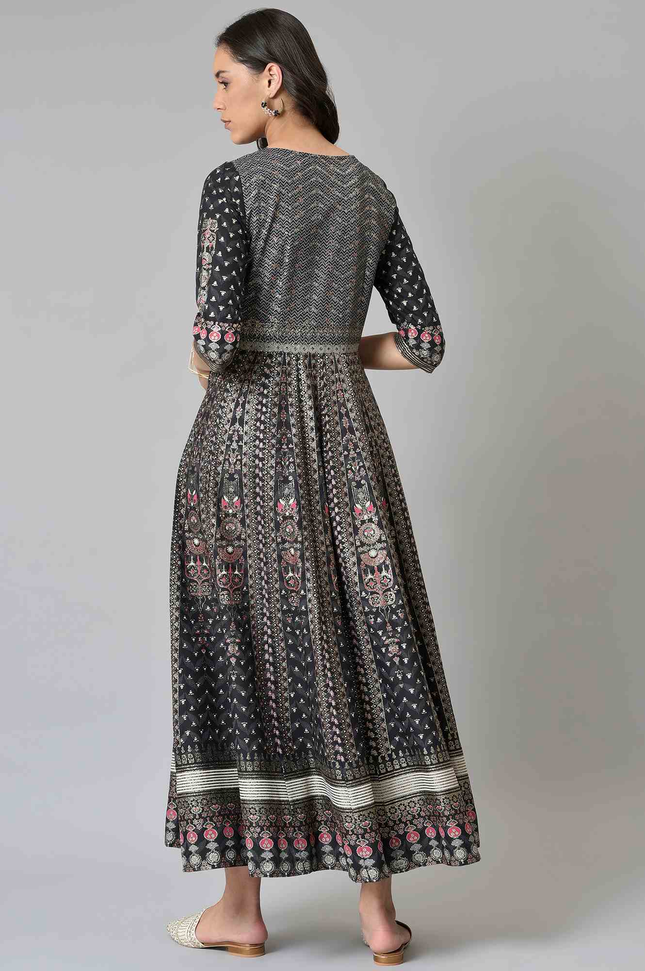 Black Floral Printed Kalidar Dress