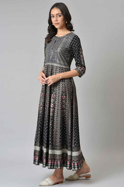 Black Floral Printed Kalidar Dress