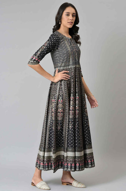 Black Floral Printed Kalidar Dress