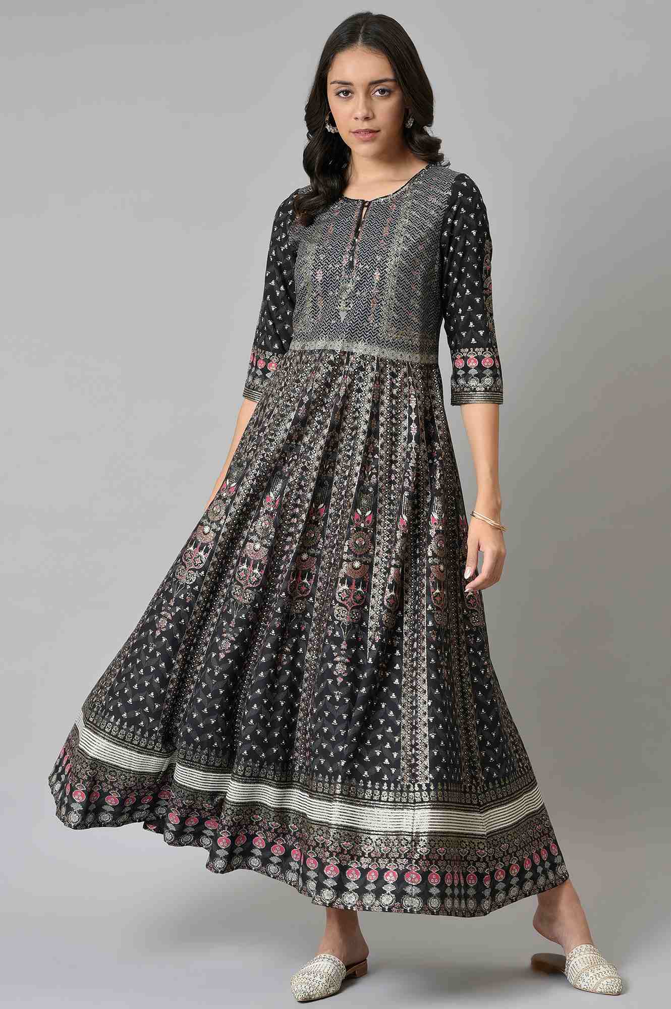 Black Floral Printed Kalidar Dress