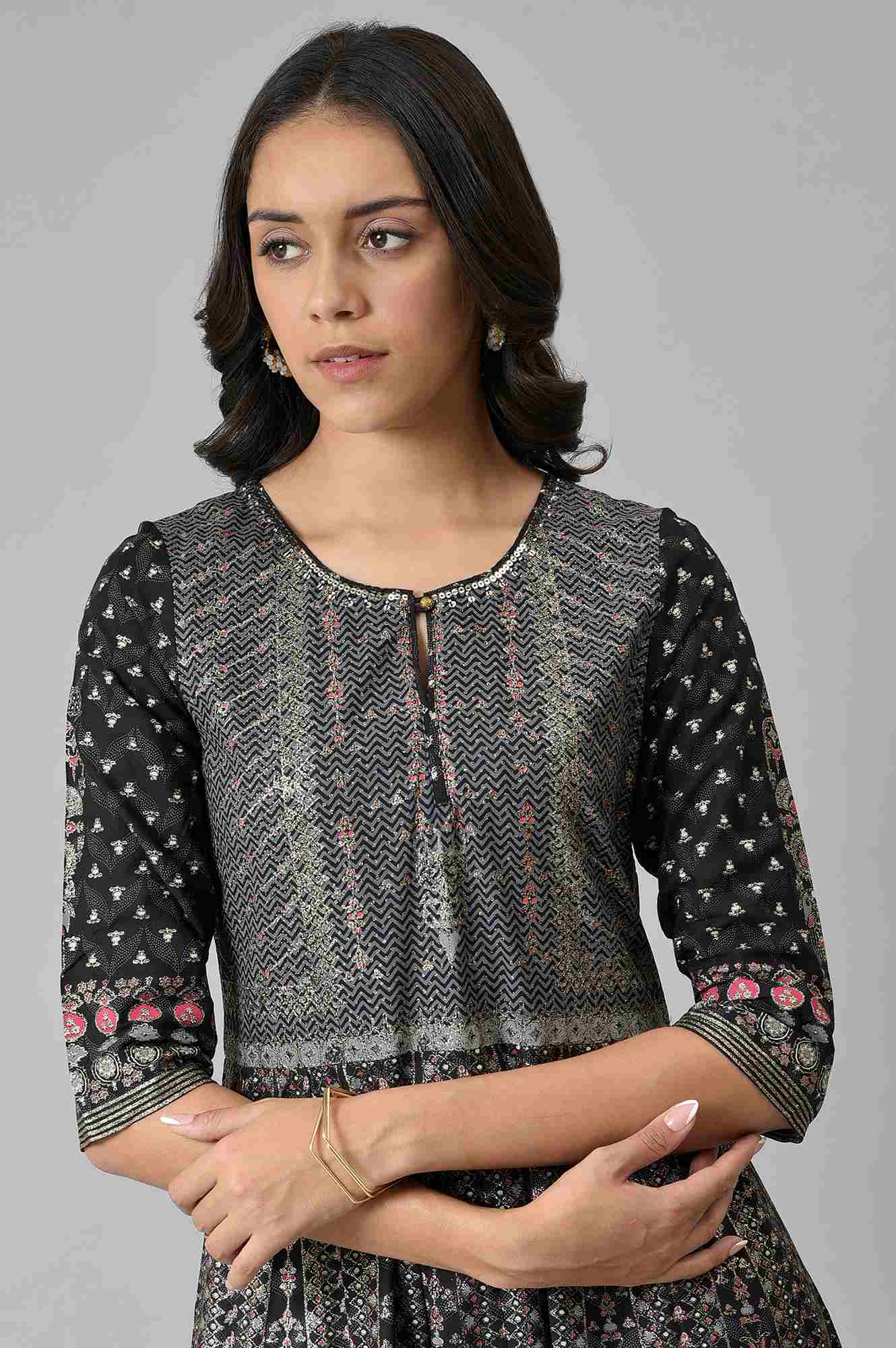 Black Floral Printed Kalidar Dress