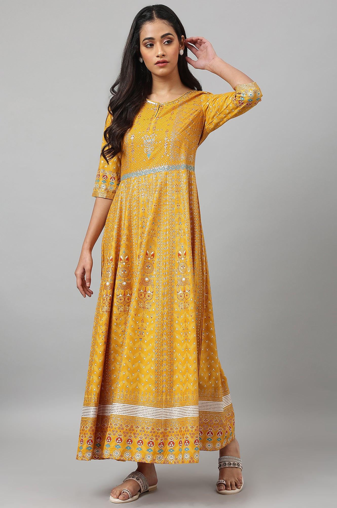 Mustard Floral Printed Kalidar Dress - wforwoman