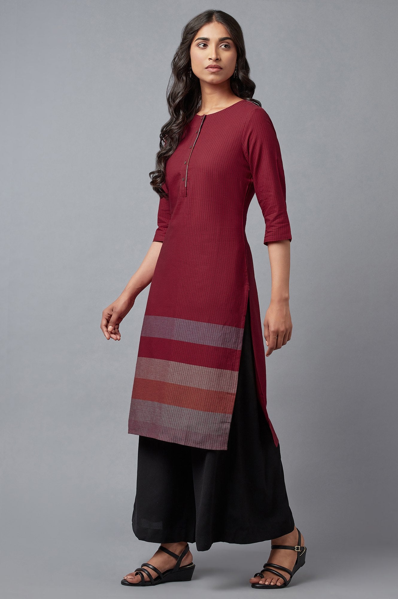 Red Cotton Dobby Placket kurta