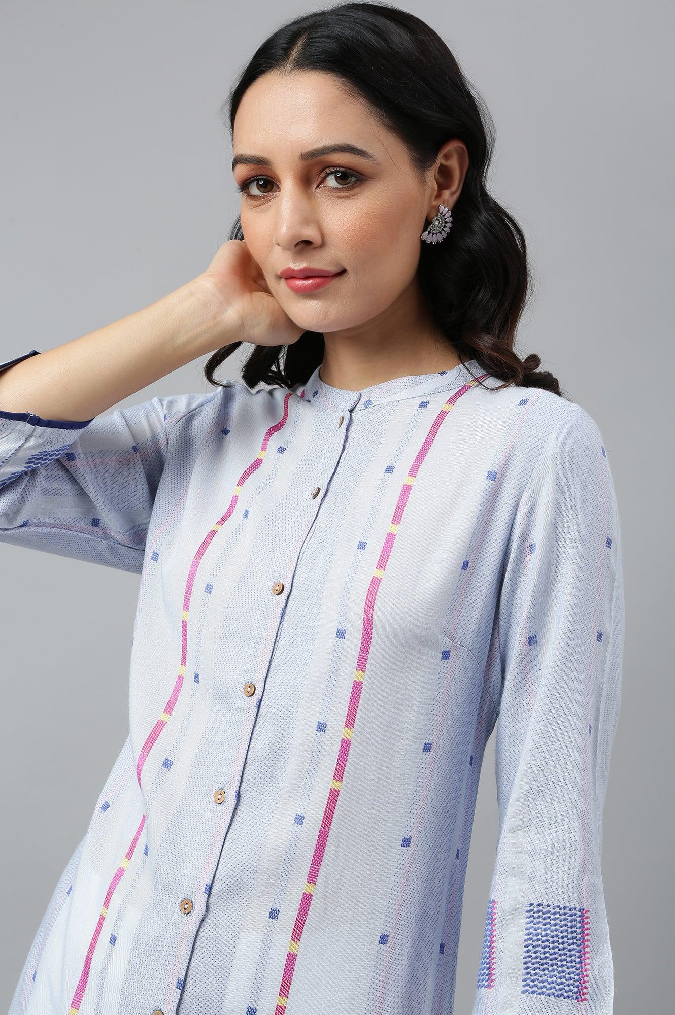 Light Blue Shirt kurta With Front Placket - wforwoman