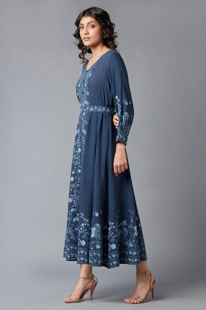 Navy Blue Printed Dress - wforwoman