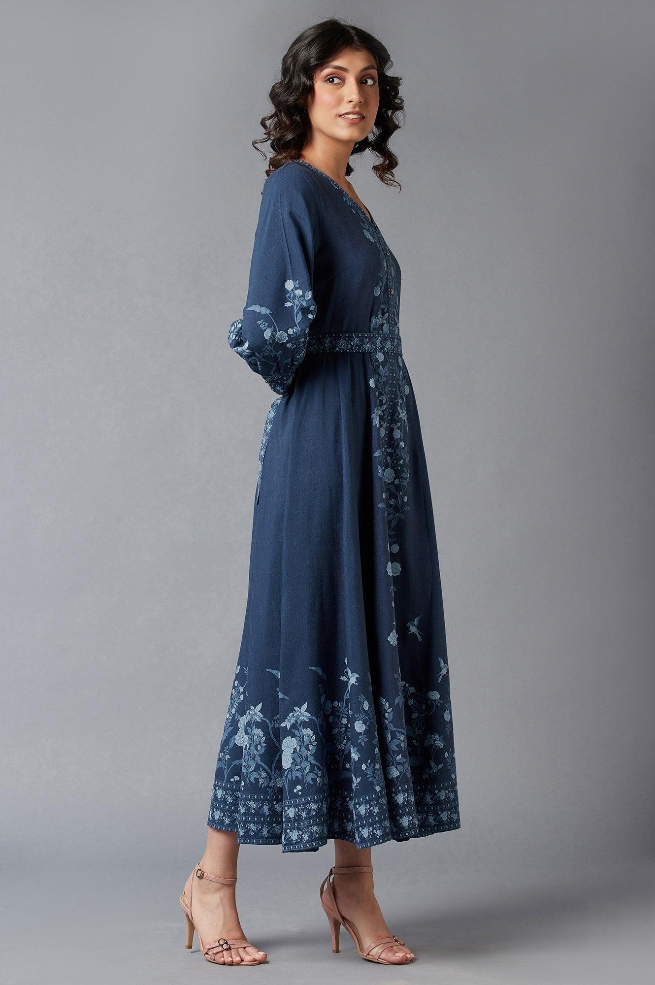Navy Blue Printed Dress - wforwoman