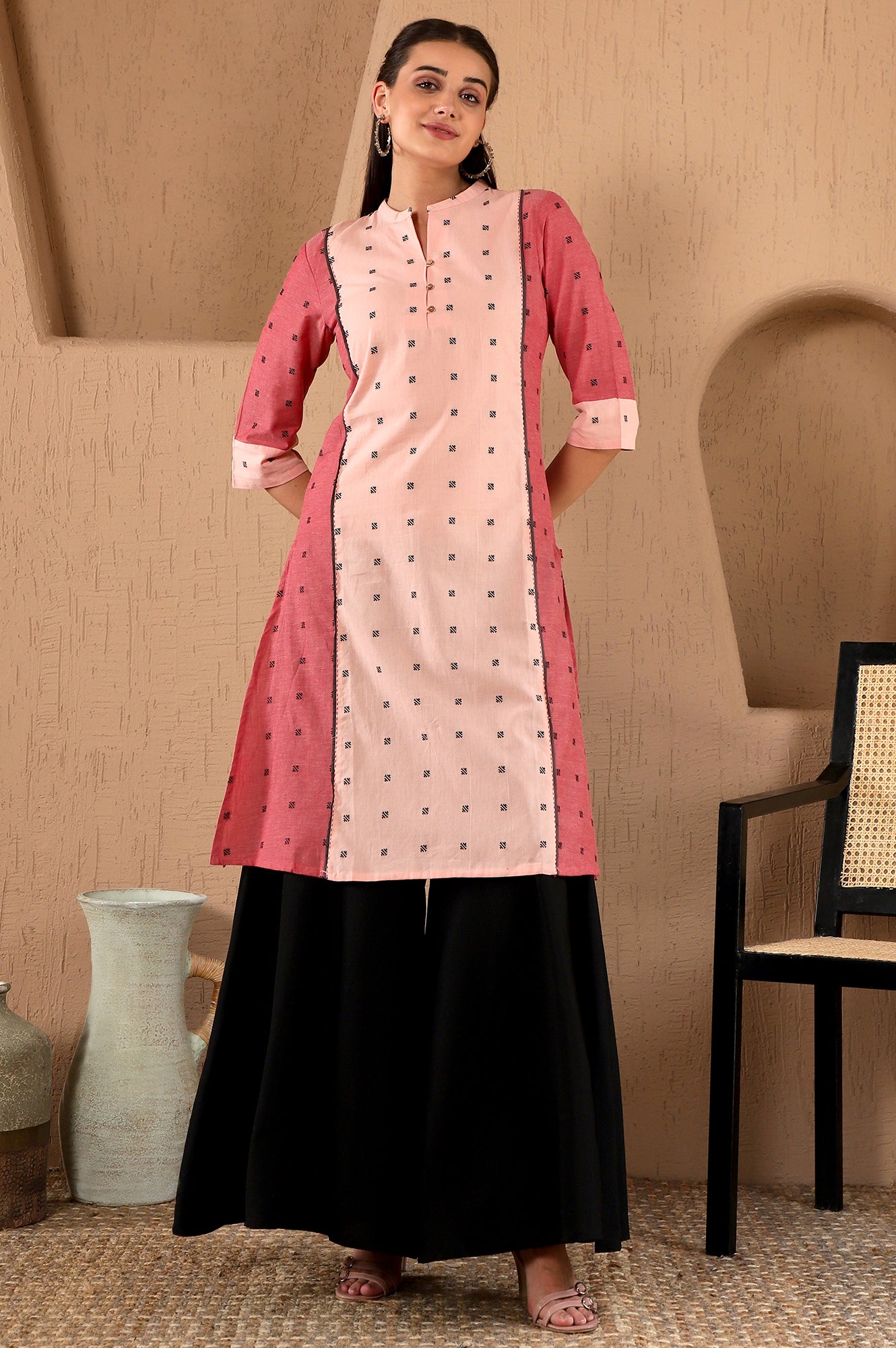 Light Red Printed with Chawal Taka Detail Rayon Dobby Straight Kurta in Band Collar