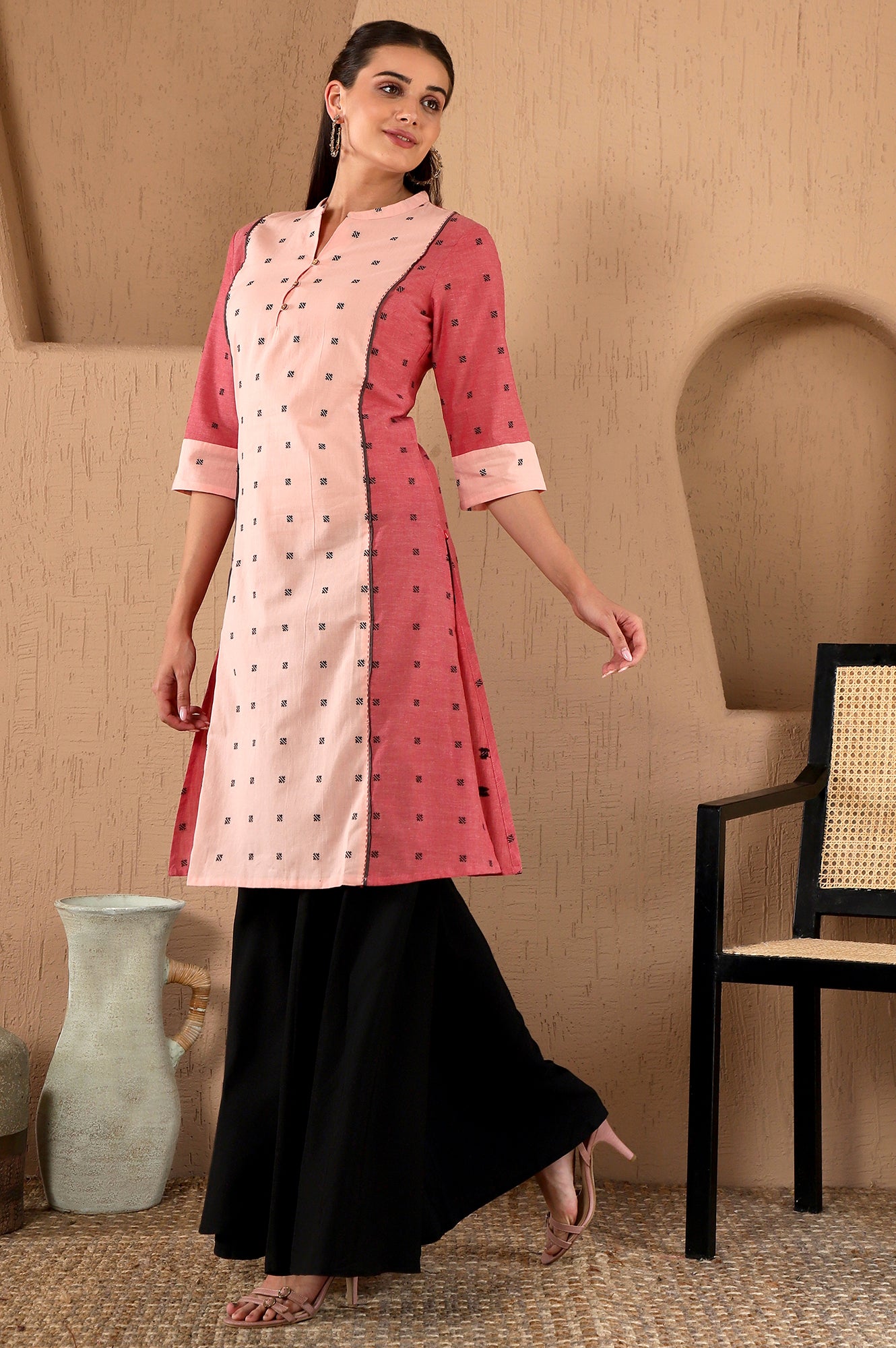 Light Red Printed with Chawal Taka Detail Rayon Dobby Straight Kurta in Band Collar