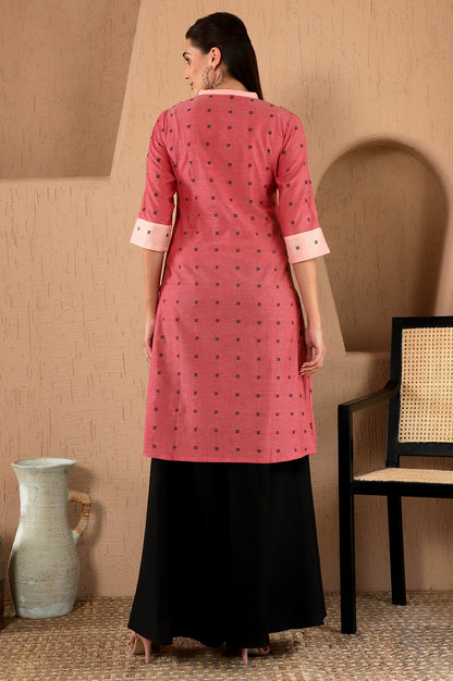 Light Red Printed with Chawal Taka Detail Rayon Dobby Straight Kurta in Band Collar