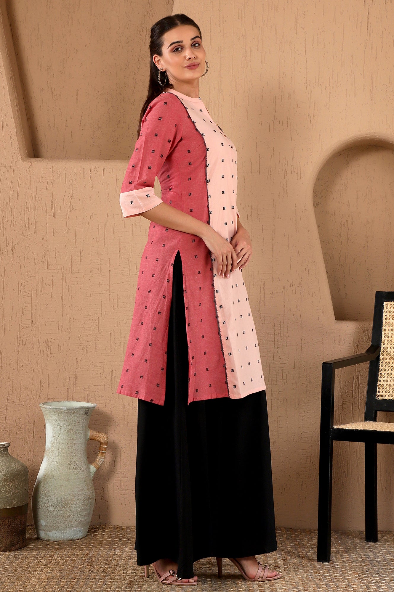 Light Red Printed with Chawal Taka Detail Rayon Dobby Straight Kurta in Band Collar