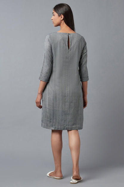 Dark Grey Cootton Textured Stripes Dress In Round Neck