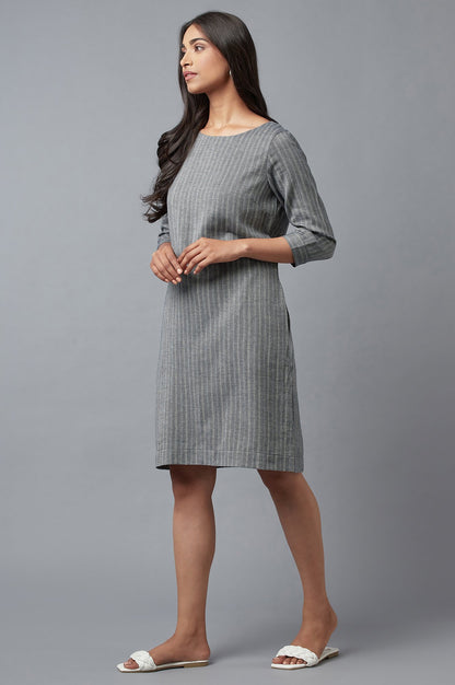 Dark Grey Cootton Textured Stripes Dress In Round Neck