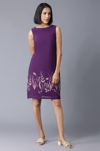 Purple Floral Print Sleeveless Dress In Round Neck - wforwoman