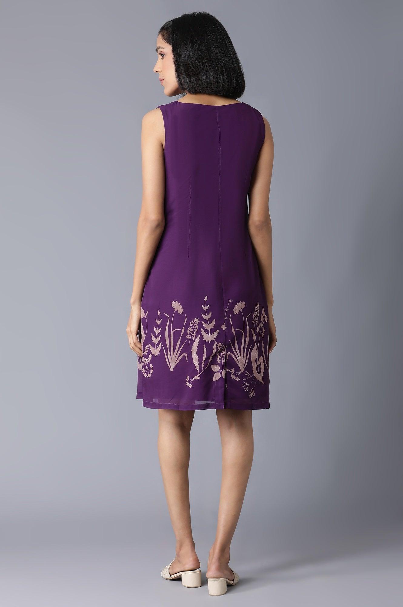 Purple Floral Print Sleeveless Dress In Round Neck - wforwoman