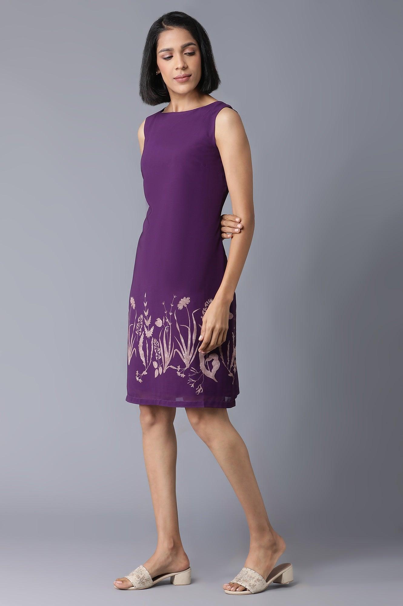 Purple Floral Print Sleeveless Dress In Round Neck - wforwoman