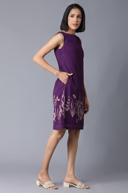 Purple Floral Print Sleeveless Dress In Round Neck - wforwoman